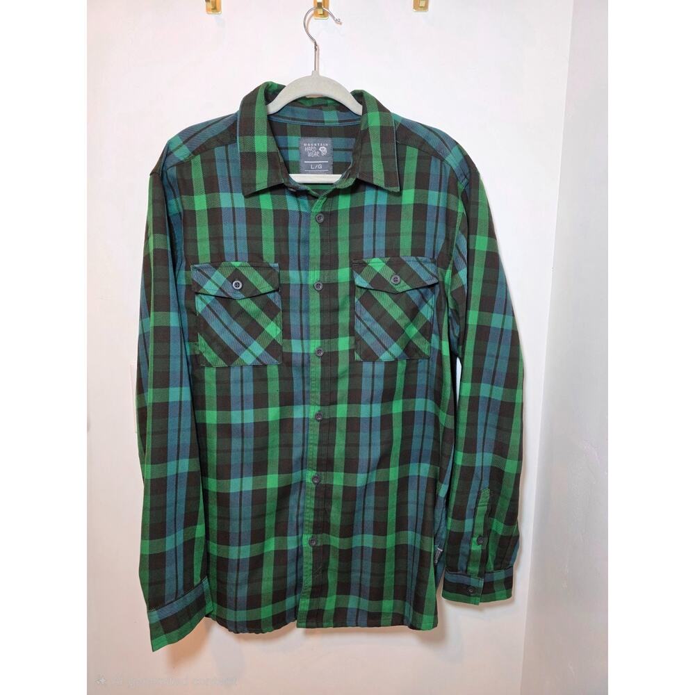 Mountain Hardware Shirt Mens Large Green Plaid Long Sleeve Button Hiking Pockets